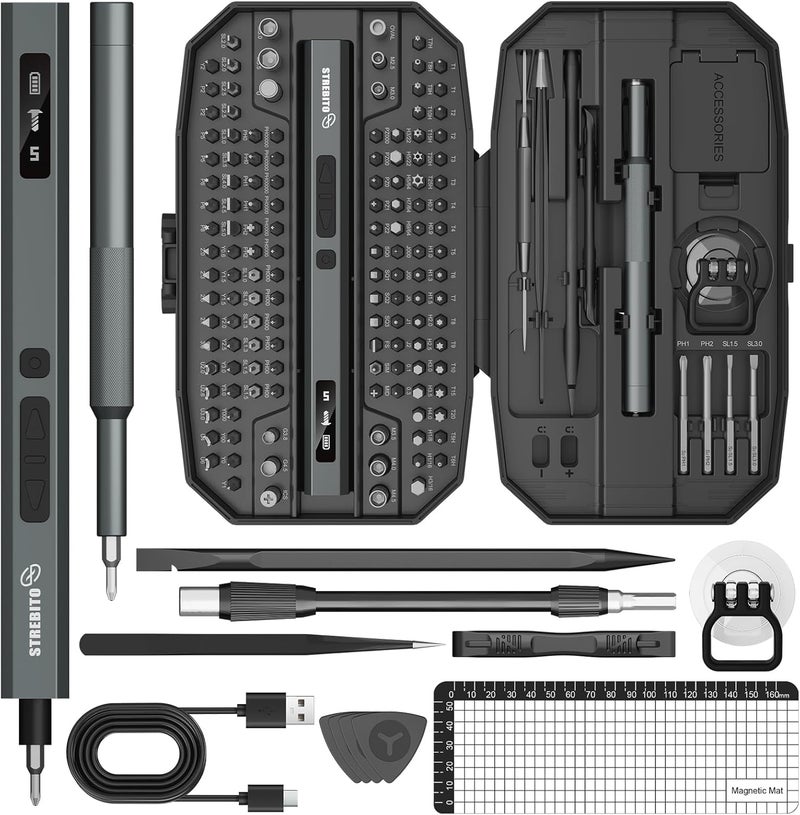 STREBITO Mini Electric Screwdriver Upgraded 155 in 1 Electric Precision Screwdriver Set with 140 S2 Steel Magnetic Bits, 5 Torque Settings, Electronics Repair Tool Kit for Computer, PC, Laptop, Phone - Image 1